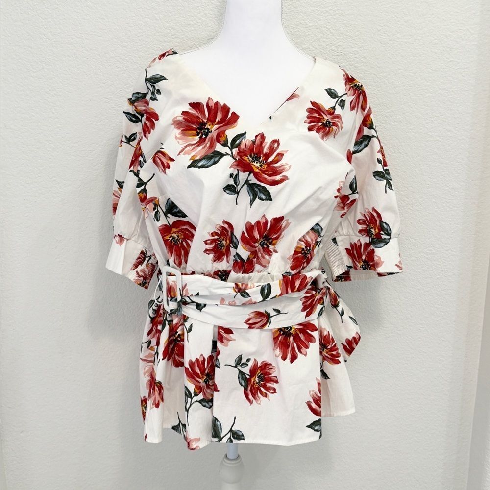 NWT‎ Lane Bryant Floral V-Neck Belted Puff Sleeve Blouse White Red Size 18